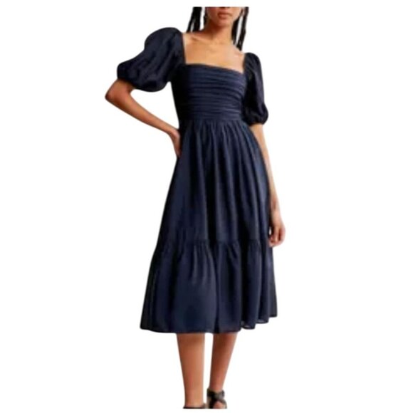 Abercrombie & Fitch Emerson Poplin Puff Sleeve Dress Size XS Navy - Picture 2 of 12